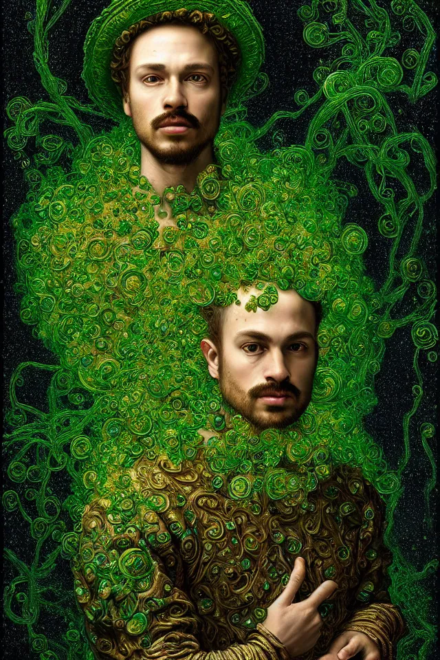 Prompt: bizarre green detailed renaissance portrait of mario as a highly detailed realistic real life person, dramatic cinematic lighting, 8 k, beautiful intricate painting by james r eads and tomasz alen kopera