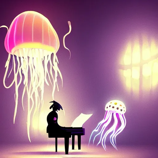 Image similar to scary creature playing the piano, glowing jellyfish in the background, scary lighting, stunning digital art, artstation, hollow knight style