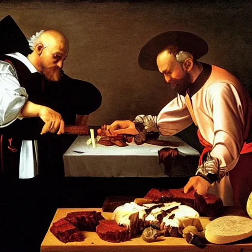 Image similar to Colonel Sanders chops meat on a wooden chopping board. Painted by Caravaggio, high detail