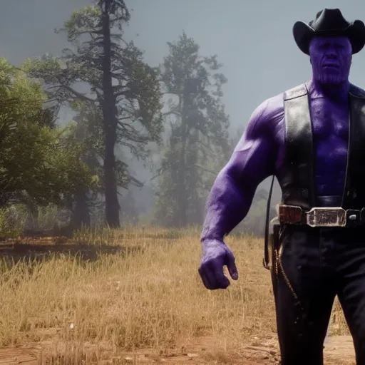 Prompt: Film still of Thanos, from Red Dead Redemption 2 (2018 video game)