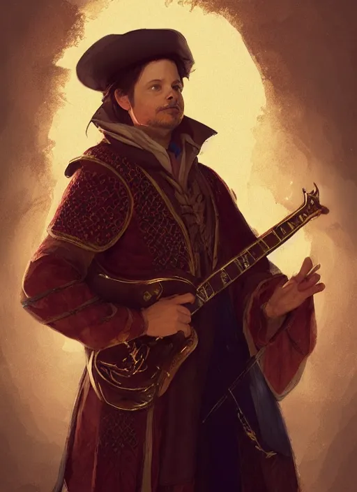 Image similar to illustration of michael j fox as a bard dressed in renaissance clothing with a goatee, by greg rutkowski artstation