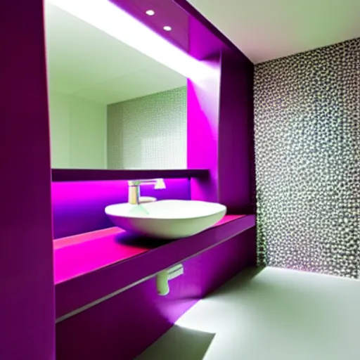 Image similar to a large bathroom, colorful, bright, designed by zaha hadid