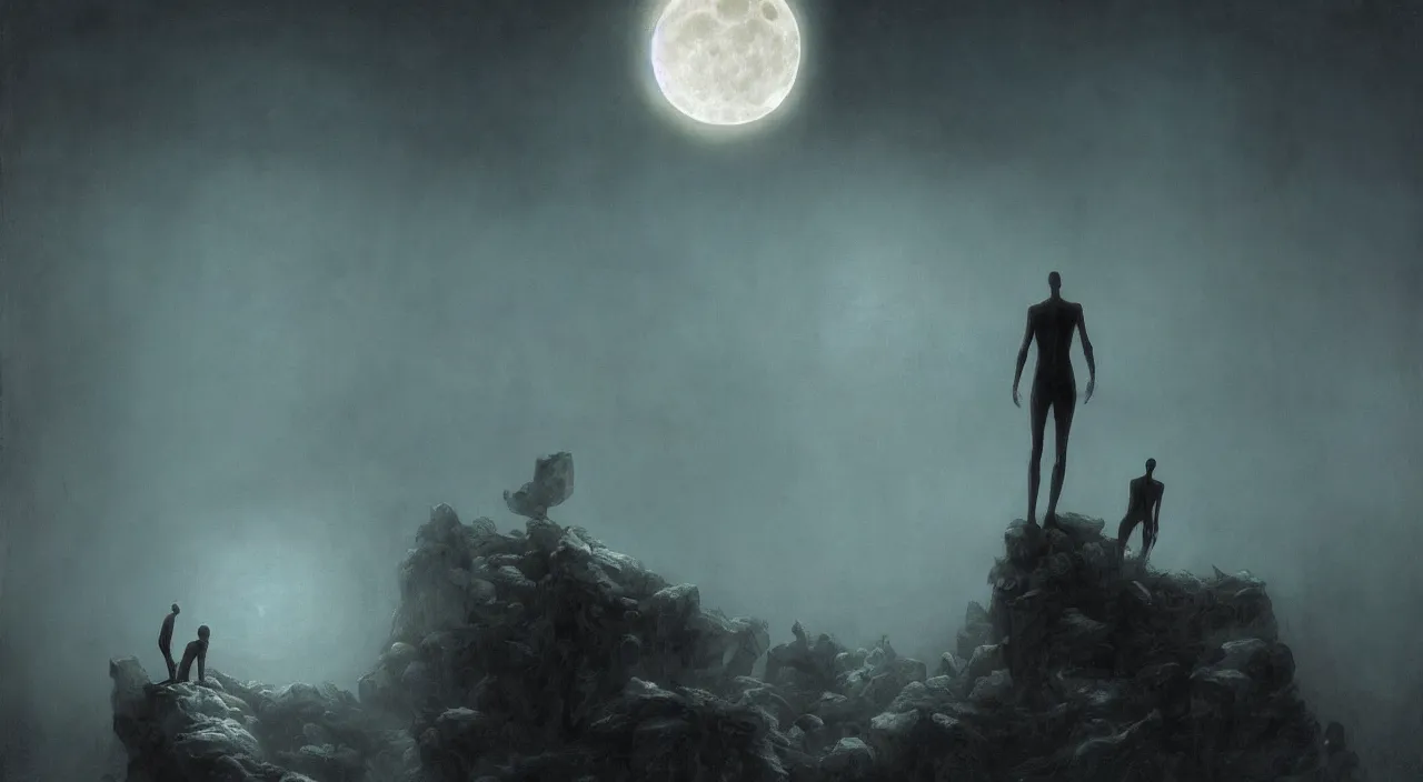 Image similar to a soulless slender body levitating in front of a full moon, Moon lighting, hd, 8k resolution, ultra detailed, ominous, dim volumetric lighting, focus, blue light, painting by Dan Seagrave and by Dan Witz