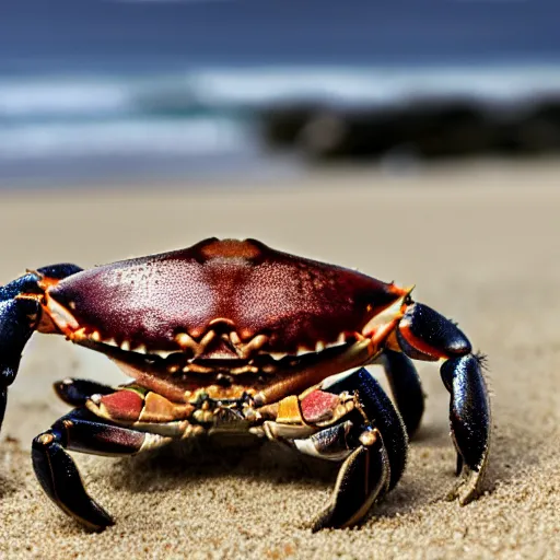 Prompt: a realistic image of a crab with hair, ultra high detail, the crab is on sand on a beach with ocean in the background, 8 k.