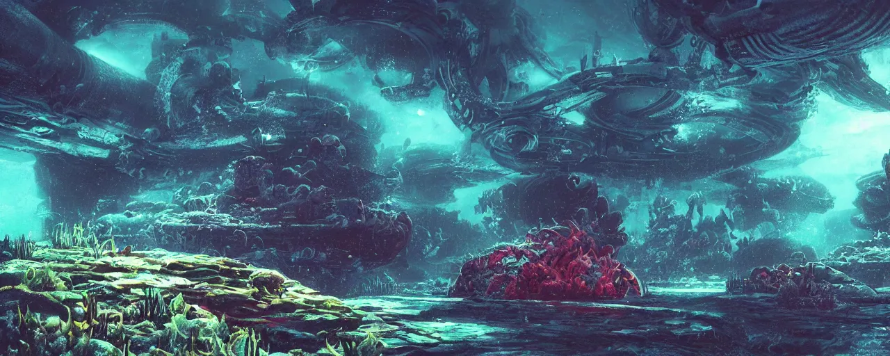 Prompt: ” underwater otherwordly landscape, [ deepsea, cinematic, detailed, epic, widescreen, opening, establishing, mattepainting, photorealistic, realistic textures, octane render, art by slop and paul lehr ] ”