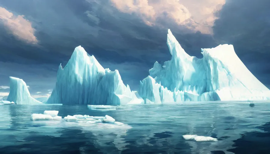 Prompt: A highly detailed matte painting of an iceberg by Mokoto Shinkai, hyperrealistic, breathtaking, beautiful composition, by Artgerm, by beeple, by Studio Ghibli, volumetric lighting, octane render, detailed, oil painting, 4K resolution, trending on artstation