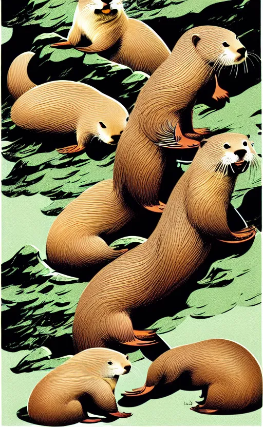 Prompt: otters playing with one another wide angle shot, white background, vector art, illustration by frank frazetta