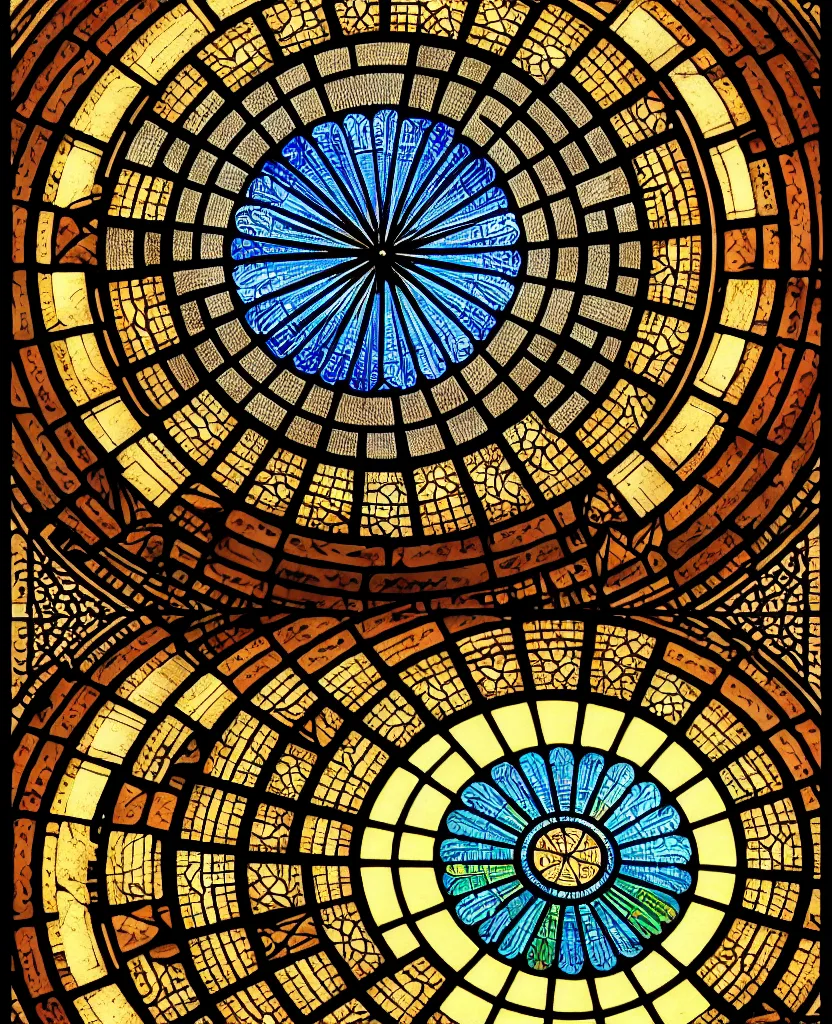 Prompt: stone wall inside of a majestic catheral, round window with geometric stained glass, high details, intricately detailed, by vincent di fate, inking, 3 color screen print, masterpiece, trending on artstation,, sharp, details, hyper - detailed, hd, 4 k, 8 k
