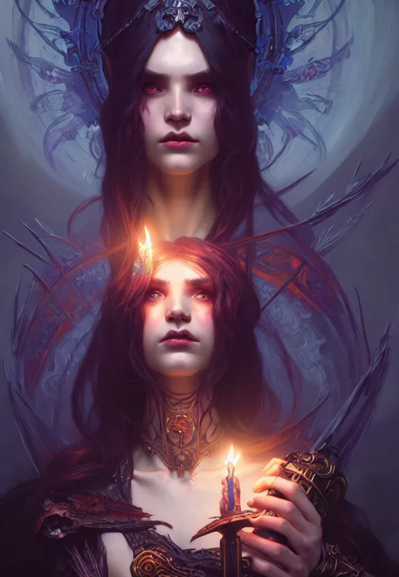 Image similar to Necromancer Sorceress in center, fantasy magic, undercut hairstyle, dark light night, intricate, elegant, sharp focus, illustration, highly detailed, digital painting, concept art, matte, art by WLOP and Artgerm and Greg Rutkowski and Alphonse Mucha, masterpiece