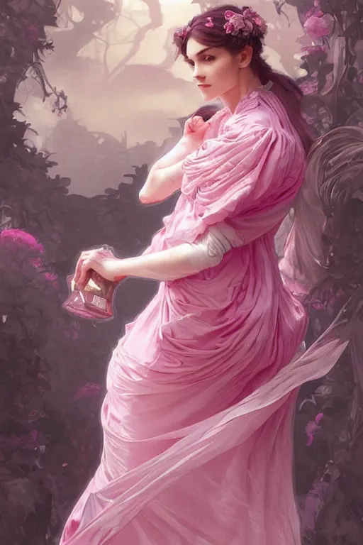Prompt: woman dressed in a vaporous wrapped large victorian pink roses silk semi-transparent dress fashion is running D&D, fantasy, intricate, elegant, highly detailed, digital painting, artstation, concept art, matte, sharp focus, illustration, art by Artgerm and Greg Rutkowski and Alphonse Mucha
