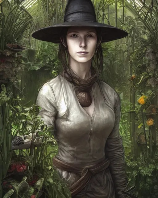 Image similar to portrait of a female plague doctor in a botanical greenhouse, heavy rain outside, wind, thunder, reflections, deep focus, d & d, fantasy, intricate, elegant, highly detailed, digital painting, artstation, concept art, matte, sharp focus, illustration, hearthstone, art by artgerm and greg rutkowski and alphonse mucha