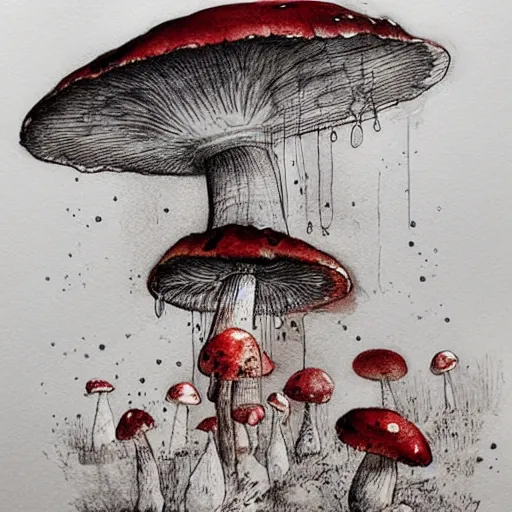 Prompt: loose pen and ink drawing by jean - baptiste monge water color on white paper watercolor sketch mushroom hard edges, pencil lines, drips, runs, spatter, details. red chrome. jean - baptiste monge!!!!!