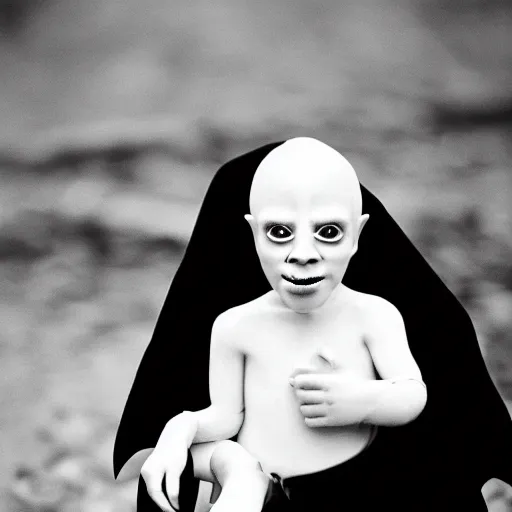 Image similar to portrait of nosferatu playing with his kid, realistic detailed photography, kodak 5 2 1 9 film, 5 0 mm lens