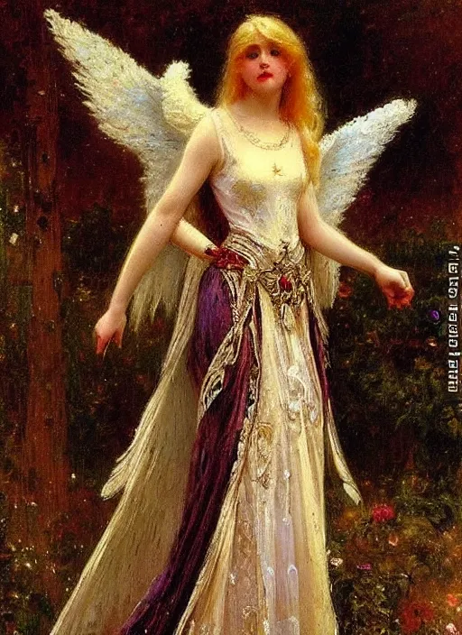 Image similar to vertical prtrait of an angel knight gothic girl, baroque dress. by gaston bussiere