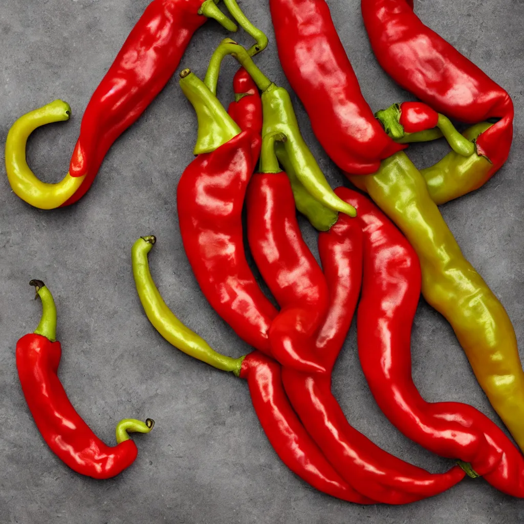 Prompt: snake banana in the shape of red peppers, closeup, hyper real, food photography, high quality