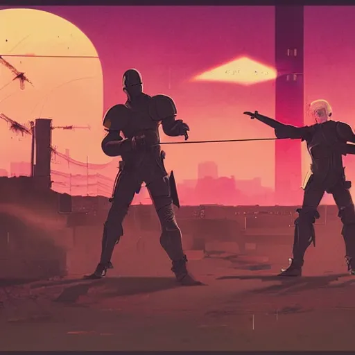 Image similar to jaime lannister and brienne of tarth fighting cyber zombies side by side, cyberpunk art by james gilleard, cgsociety, retrofuturism, synthwave, retrowave, outrun