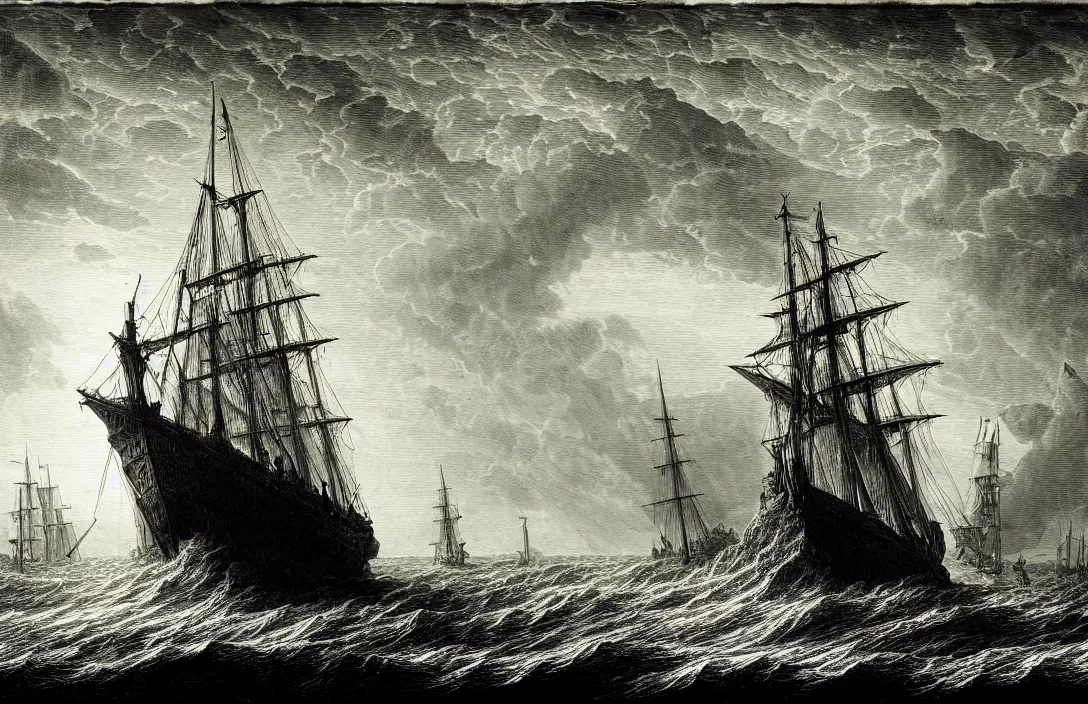 Prompt: ship ever further out to sea gustave dore hd illustration horizontal lines suggest a feeling of rest or repose because objects parallel to the earth are at rest intact flawless ambrotype from 4 k criterion collection remastered cinematography gory horror film, ominous lighting, evil theme wow photo realistic postprocessing jan van der heyden virtuoso painting jan van der heyden