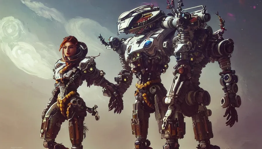 Image similar to two warrior robot astronauts, floral! looks like a machine from horizon zero dawn designed by apple, posing for a fight, intricate, elegant, highly detailed, digital painting, establishing shot, an epic fantasy, artstation, concept art, smooth, sharp focus, illustration, art by artgerm and greg rutkowski and alphonse mucha, 8 k