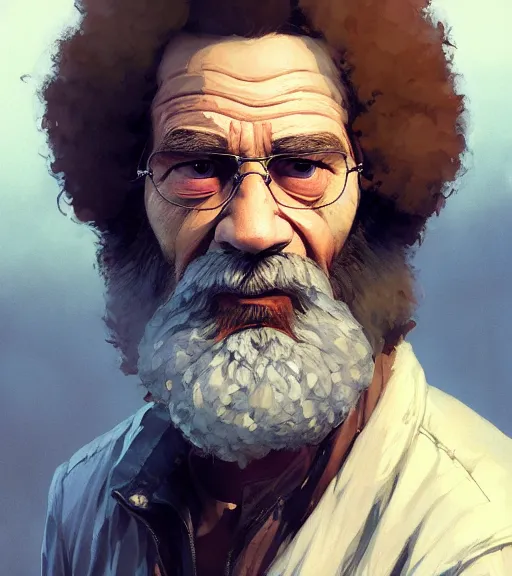 Image similar to Highly detailed portrait of homeless Bob Ross, in GTA V, Stephen Bliss, unreal engine, fantasy art by Greg Rutkowski, Loish, Rhads, ferdinand knab, Makoto Shinkai and Lois van baarle, ilya kuvshinov, rossdraws, Tom Bagshaw, global illumination, radiant light, detailed and intricate environment