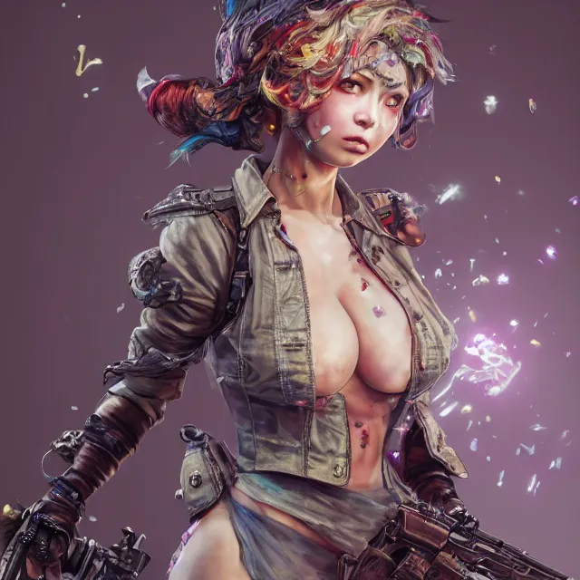 Prompt: the portrait of chaotic neutral colorful female gunner assassin as absurdly beautiful, gorgeous, elegant, playful, realistic young sensual gravure idol, an ultrafine hyperdetailed illustration by kim jung gi, irakli nadar, detailed faces, intricate linework, octopath traveler, final fantasy, unreal engine highly rendered, global illumination, radiant light, detailed and intricate environment