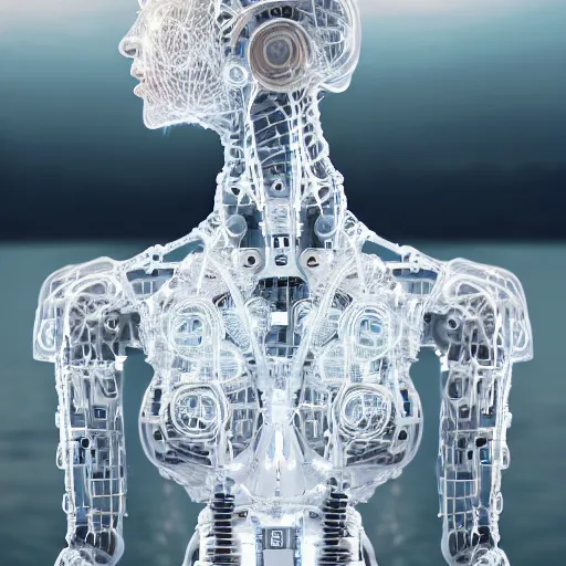 Prompt: beautiful centered fine art photo portrait of hoyeon jung as a solarpunk robotic humanoid withwhite mechanical parts with led lights, bathing in a calm lake, ultra - detailed and intricate, white background, sun lighting, soft focus, slow exposure hdr 8 k