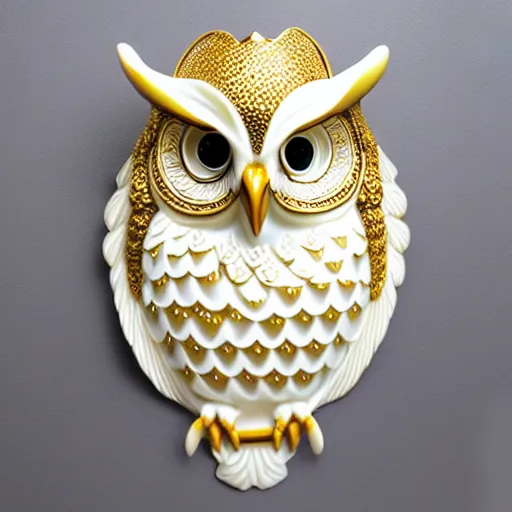 Image similar to gorgeous ornated snow white porcelain realistic detailed sacred owl wall decoration with golden filigree carved out of ivory