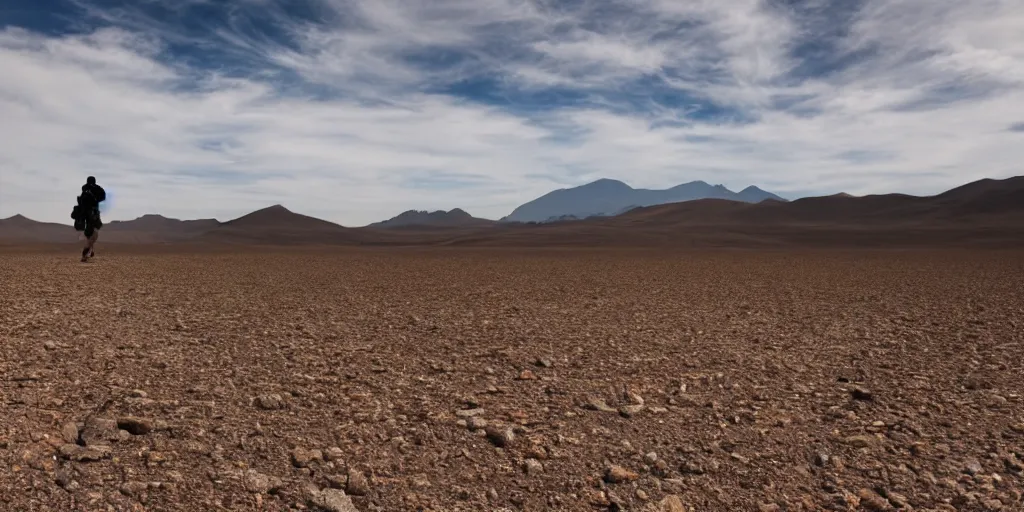 Prompt: a wide angle shot of a solitary hiker walking through a dessert, vision quest