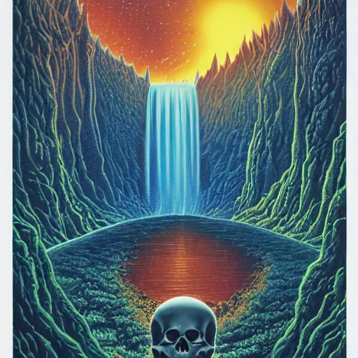 Prompt: ngc 3132 falling waterfall mysterious skull landscape by Casey Weldon, 8k ultra high definition, upscaled, edge of the world, image credit nasa nat geo