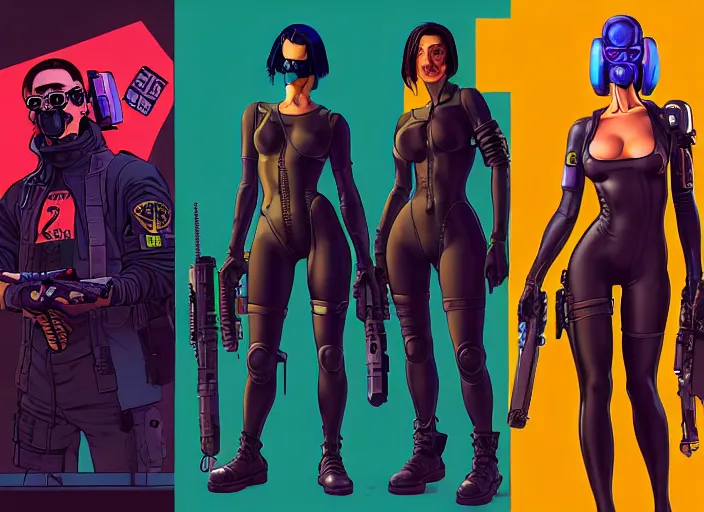 Image similar to cyberpunk hazmat tactical squad. portrait by stonehouse and mœbius and will eisner and gil elvgren and pixar. character design. realistic proportions. cyberpunk 2 0 7 7 character art, blade runner 2 0 4 9 concept art. cel shading. attractive face. thick lines. the team. diverse characters. artstationhq.