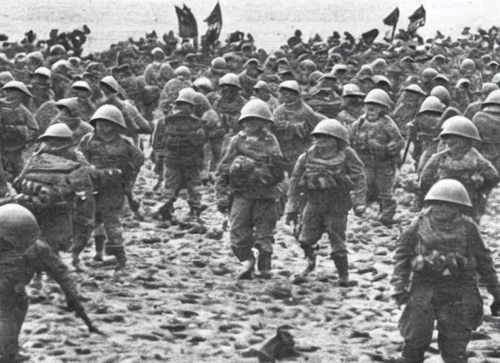 Image similar to minions storming the beaches of Normandy on d-day, world war 2 old photo, grainy