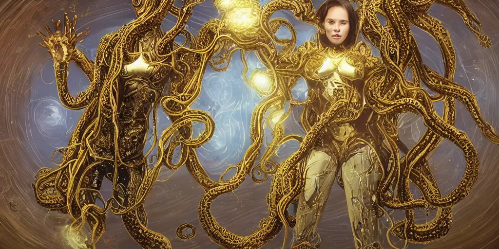 Prompt: a photo of 8k ultra realistic corrupted lovecraftian golden humanoid queen standing next to a spaceship window overlooking earth, 8 intricate white and gold tentacles, ornate white and gold armour, realistic character concept, medium shot, fun pose, comic book, illustration, slender symmetrical face and body, artstation, cinematic lighting, hyperdetailed, cgsociety, 8k, high resolution, Charlie Bowater, Tom Bagshaw, single face, insanely detailed and intricate, beautiful, vfx, postprocessing