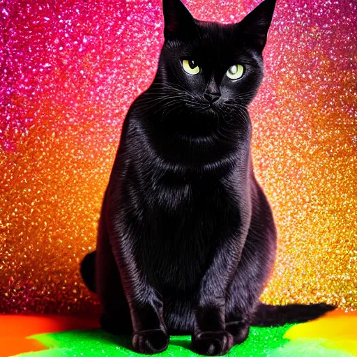 Prompt: a high - quality photo of a black cat with ( ( rainbow ) ) glitter, highly detailed, photorealistic, f 2. 8, in - frame, sharpened