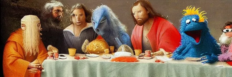 Prompt: jesus in midst of the last supper on sesame street and cookie monster and big bird and oscar and muppet and tiffy and finchen. art by hieronymus bosch, colorful, fine detail