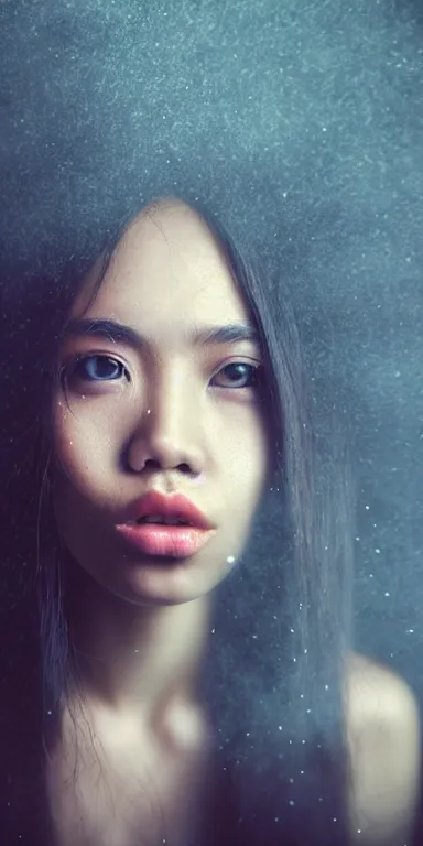 Image similar to dark background, light paint, candid!! long portrait of a very very beautiful! young filipino woman with narrow face, large closed eyes and flowing long hair, swirling dreamy smoke and fog is coming from her mouth, face partially obscured, by conrad roset, abstract background, dramatic lighting, minimal art, trending on artstation