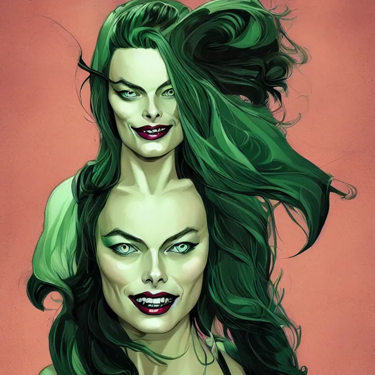 Prompt: Beautiful female witch margot robbie, style of Joshua Middleton comic book art Nick Dragotta comic art, black and green eyes, symmetrical face, symmetrical eyes, scary smile, dark green dress, painterly style