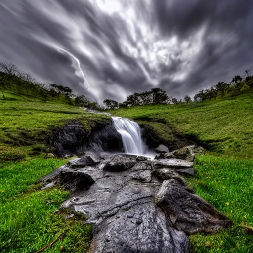 Prompt: one point perspective, waterfall, stony, clouds, grass, no animals, high exposure, slow shutter speed, 1 6 mm