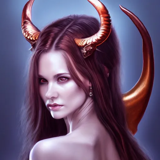 Image similar to perfectly - centered - portrait - photograph of evil fallen angel with long horns wearing a dress, the perfect human female specimen, intricate, elegant, super highly detailed, professional digital painting, artstation, concept art, smooth, sharp focus, no blur, no dof, extreme illustration, unreal engine 5, 8 k, by anne stokes