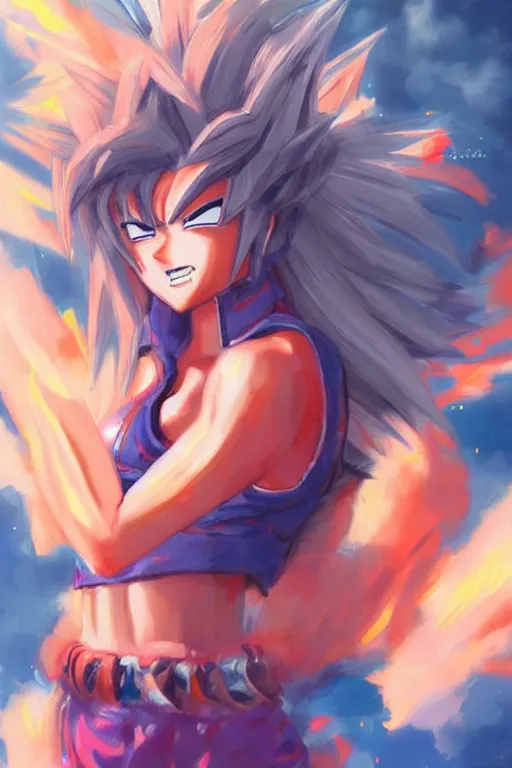 Prompt: kawaii female version of goku, painting by WLOP and ross tran