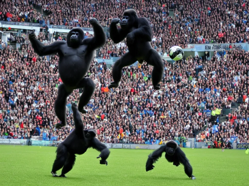 Image similar to a gorilla jumping to head the ball on a corner kick, vivid