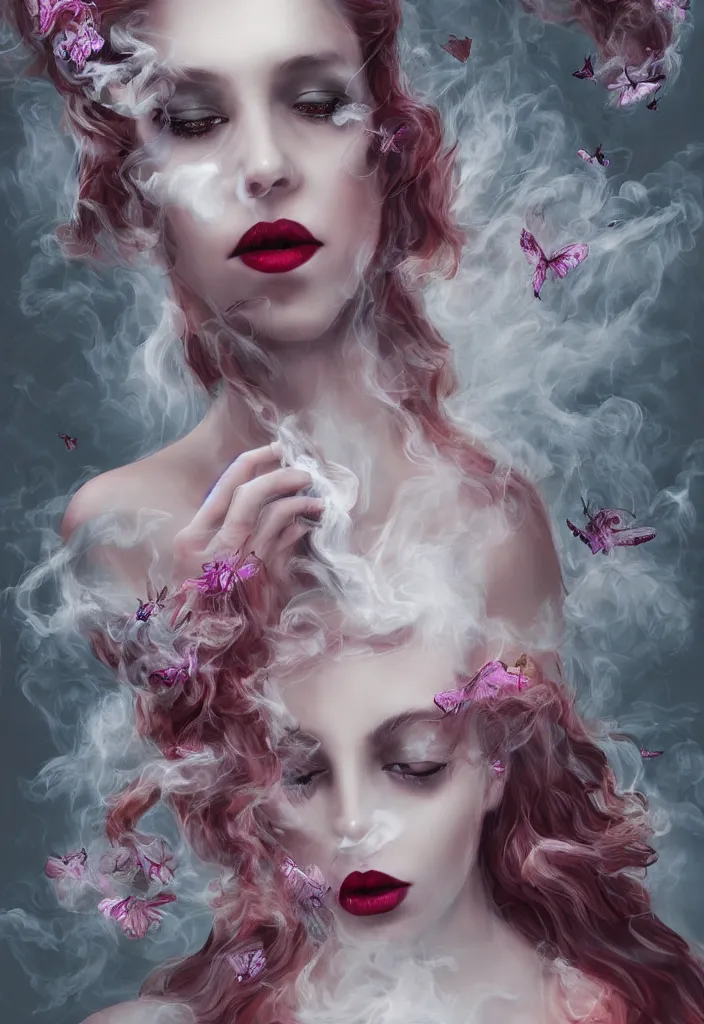 Prompt: surreal, beautiful, haunting young woman made out of smoke and clouds, ghost, apparition, red lips, in victorian aristocrat, detailed gorgeous face, flowing hair, vaporwave aesthetic, synthwave long luxurious gown made out of pearls, hair done up with flowers and ribbons, digital art, butterflies, birds, digital painting, artstation, concept art, smooth, sharp focus, illustration, art by artgerm and greg rutkowski and alphonse mucha