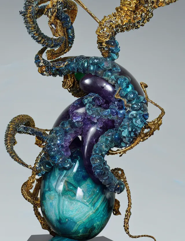 Prompt: a photo of a sculpture a winged serpent child made from blue and emerald and amethyst crystal geode formations encircling a marble egg on a base of obsidian made with liquid gold tendrils flowing by ellen jewett by stanisław szukalski, octane render, recursive, tendrils, elestial crystals, geode, refracted light