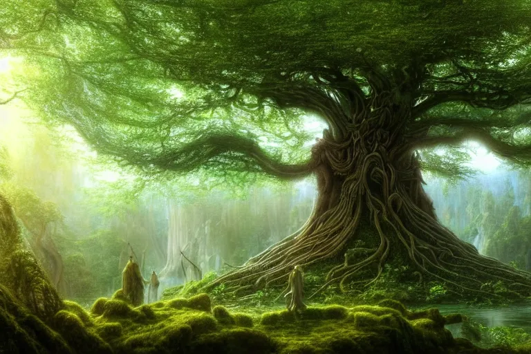 Prompt: a beautiful and highly detailed digital painting of a huge sacred elven tree in lush forest in the misty mountains, psychedelic, celtic, intricate details, epic scale, insanely complex, 8 k, sharp focus, photorealism, artstation, cgsociety, by caspar friedrich, albert bierstadt, james gurney, brian froud,