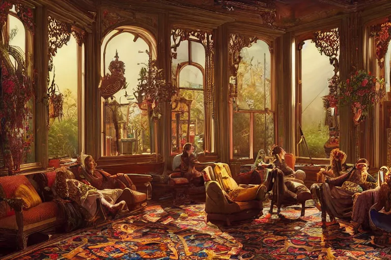 Image similar to a bohemian parlor with sunbeams streaming in from tall windows, by Donato Giancola and Ludwig Deutsch and Evelyn De Morgan, floral embroidery, carved wood, oriental carpets,rich deep color, dramatic cinematic lighting, featured on Artstation, cgsociety, unreal engine