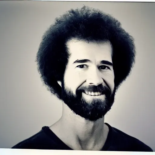 Image similar to Mugshot Portrait of Bob Ross with a buzzcut, taken in the 1970s, photo taken on a 1970s polaroid camera, grainy, real life, hyperrealistic, ultra realistic, realistic, highly detailed, epic, HD quality, 8k resolution, body and headshot, film still, front facing, front view, headshot and bodyshot, detailed face, very detailed face