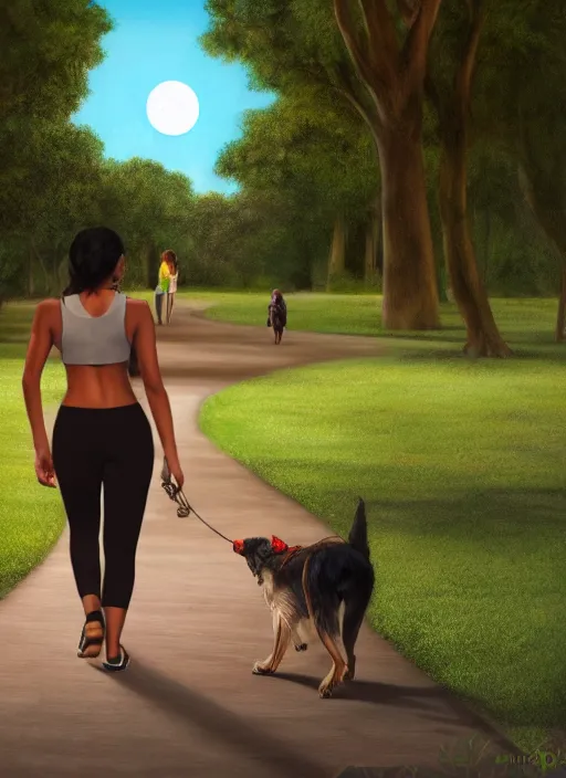 Prompt: young beautiful brown woman walking with her dog in a park in Merida Mexico at night with a full moon, illustration, photoreal, fantasy, trending. masterpiece work of art . oil on canvas. Digitally painted. Realistic. 3D. 8k. UHD.