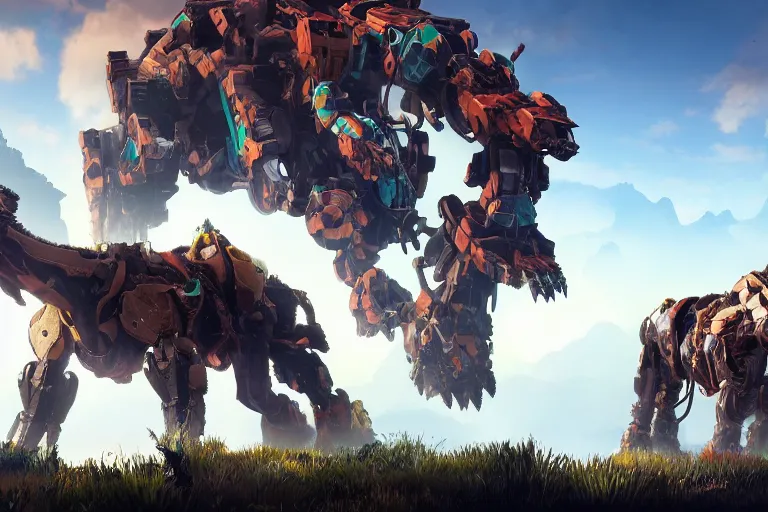 Image similar to behemoth machine mecha animal beast robot of horizon forbidden west horizon zero dawn bioluminiscence global illumination ray tracing hdr fanart arstation by sung choi and eric pfeiffer and gabriel garza and casper konefal