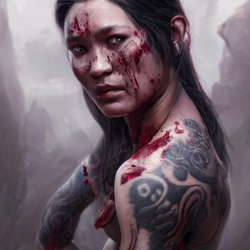 Prompt: portrait painting of a muscular bloodied dark nepali female butcher back, tattooed, ultra realistic, concept art, intricate details, eerie, highly detailed, photorealistic, octane render, 8 k, unreal engine. art by artgerm and greg rutkowski and alphonse mucha