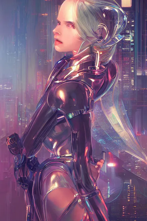 Image similar to portrait futuristic Cyber warrior Girl, in future cyberpunk tokyo rooftop , ssci-fi, fantasy, intricate, very very beautiful, elegant, neon light, highly detailed, digital painting, artstation, concept art, smooth, sharp focus, illustration, art by WLOP and tian zi and alphonse mucha