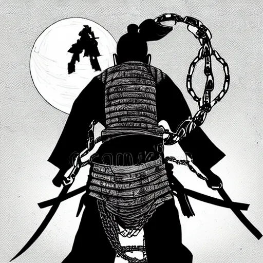 Prompt: a portrait from behind of a samurai man vagabond with a moon behind him, the samurai is wrapped in chains, detailed, illustration, concept art, ink style, sketch