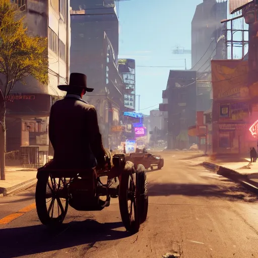 Prompt: Amish man driving his buggy. Cyberpunk 2077. CP2077. 3840 x 2160